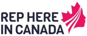 Logo REP HERE IN CANADA Black lettering on white background mark on right side stylized face in shape of maple leaf
