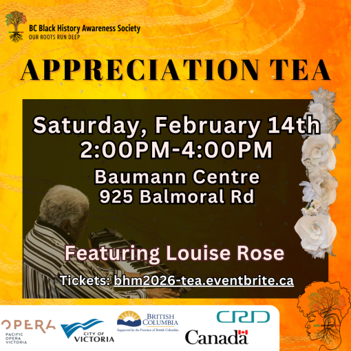 POSTER with photo of Louise Rose playing piano. Black lettering on background of orange, yellow, and pink pastel swirls and glitter; woman with face and hair outlined in black in lower left corner overlaid on outlined image of BCBHAS logo tree; sponsor logos arrayed along the bottom