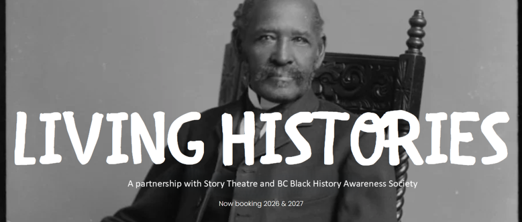 b&w-man with pleasant smile, moustache looking directly at the camera - seated in a chair - white text