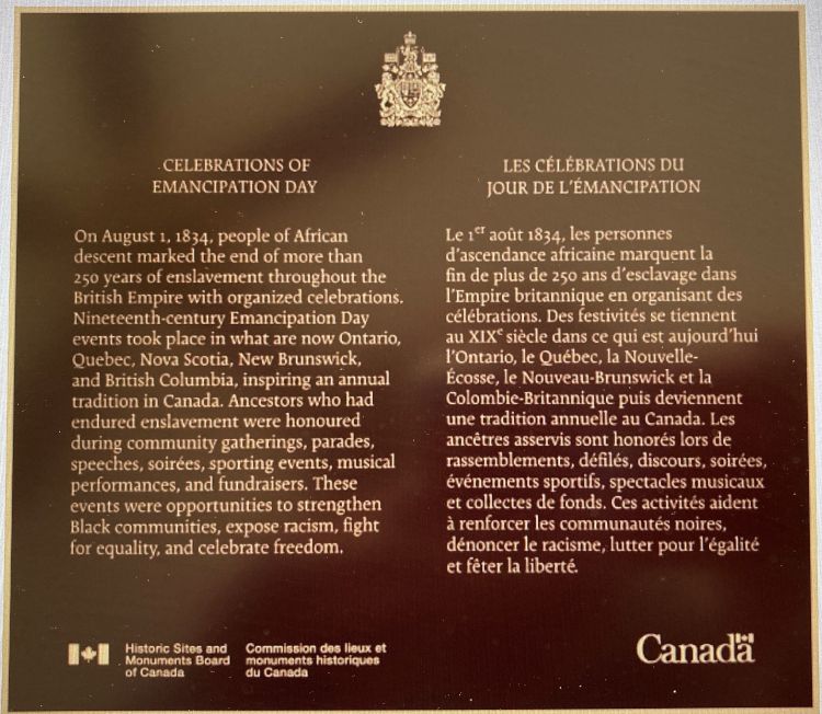 Emancipation Day plaque-HSMB of Canada-left-english-right-french-gold text on brown background